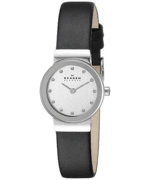 Skagen Freja Chrome Dial Swarovski Crystal Black Leather Strap 358XSSLBC Womens Watch