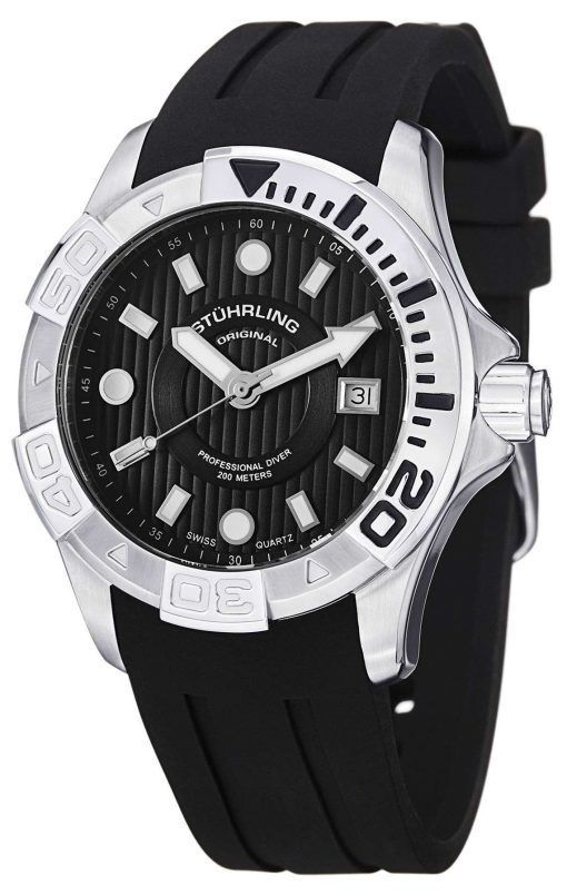 Stuhrling Original Aqua Diver Manta Ray Swiss Quartz Black Dial 718.02 Mens Watch