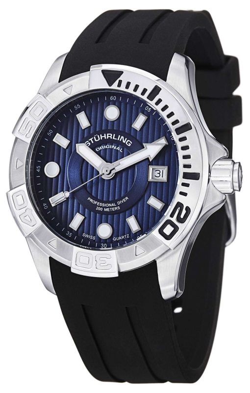 Stuhrling Original Aqua Diver Manta Ray Swiss Quartz Black Dial 718.03 Mens Watch