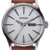 Nixon Quartz Sentry Leather Silver Dial A105-1752-00 Mens Watch