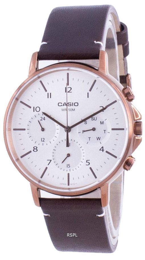 Casio Multi Zeiger Silber Zifferblatt Lederarmband Quarz MTP-E321RL-5A MTPE321RL-5 Herrenuhr