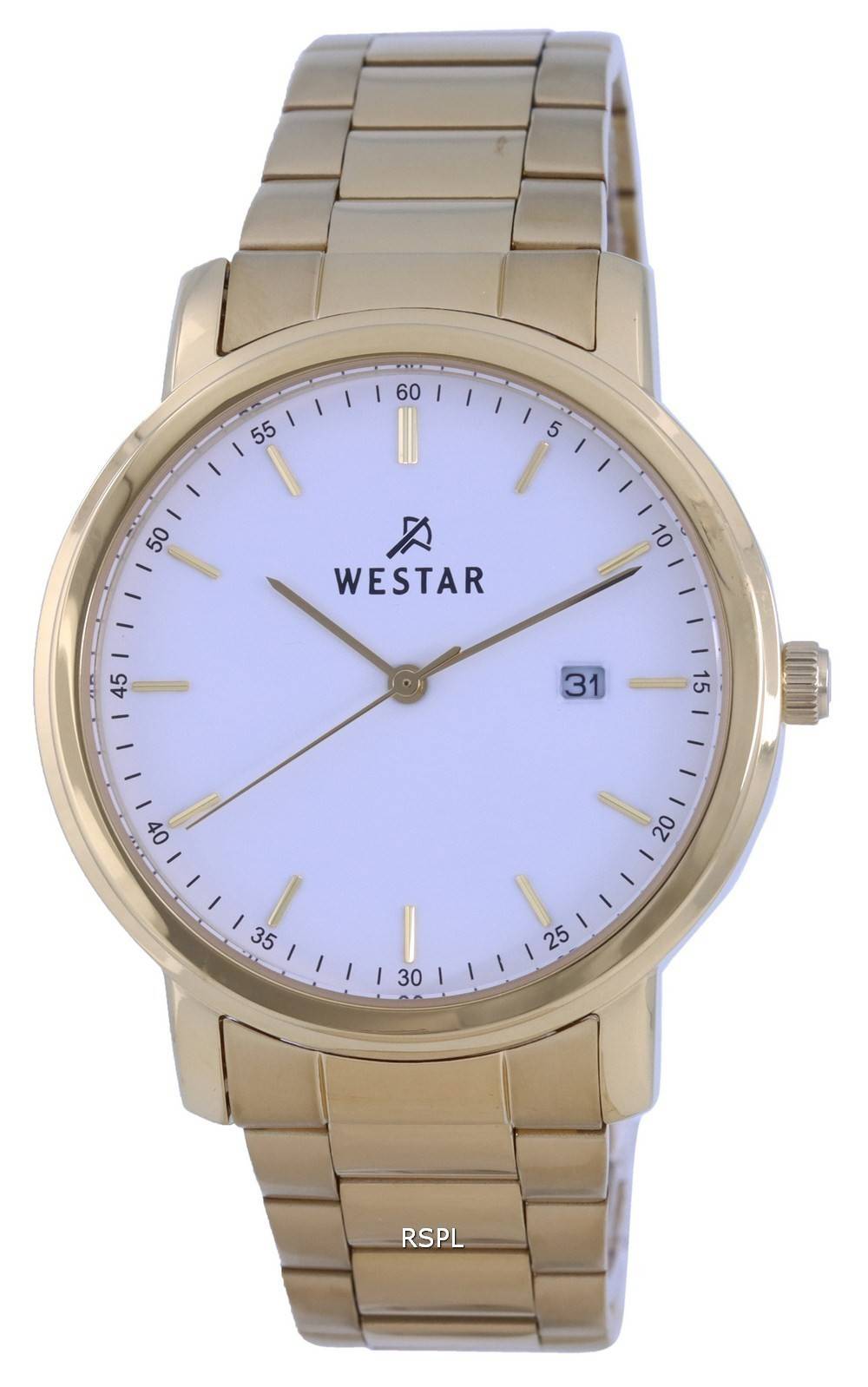 Westar 화이트 다이얼 골드 톤 스테인레스 스틸 쿼츠 50243 GPN 101 남성용 시계
