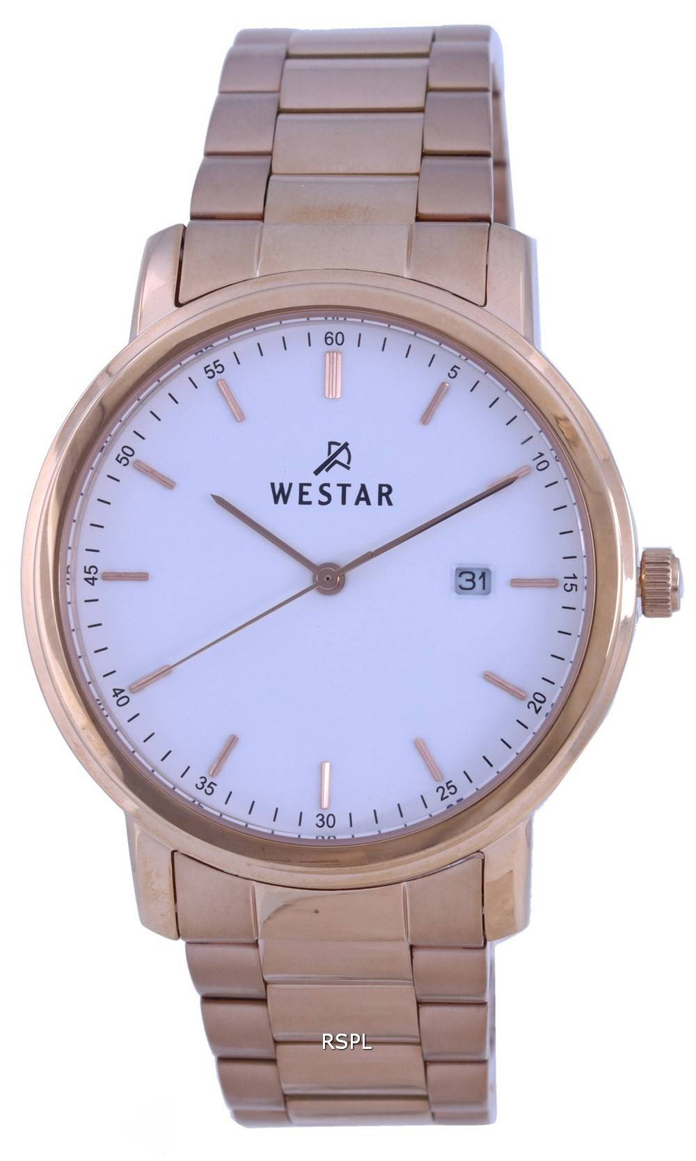Westar 화이트 다이얼 로즈 골드 톤 스테인레스 스틸 쿼츠 50243 PPN 601 남성용 시계