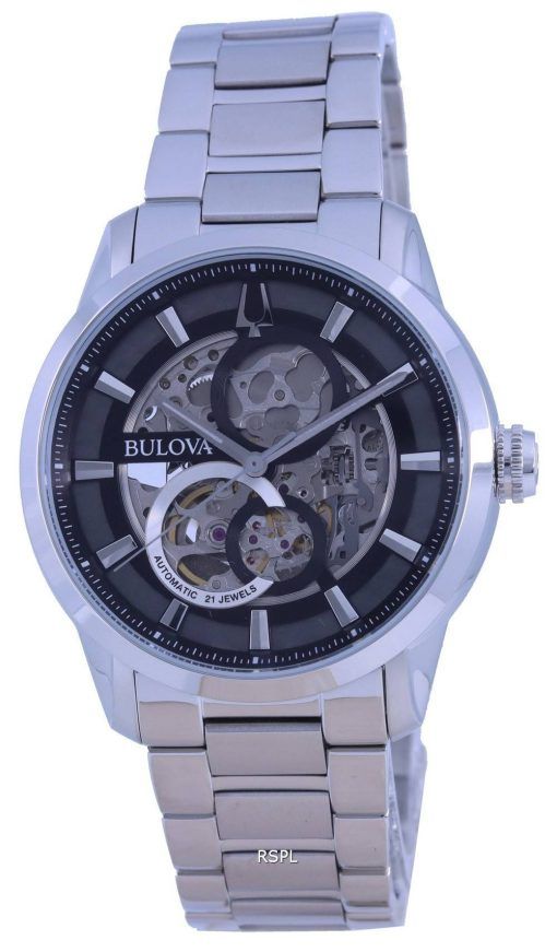 Bulova Classic Skeleton Black 다이얼 스테인레스 스틸 오토매틱 96A208 남성용 시계