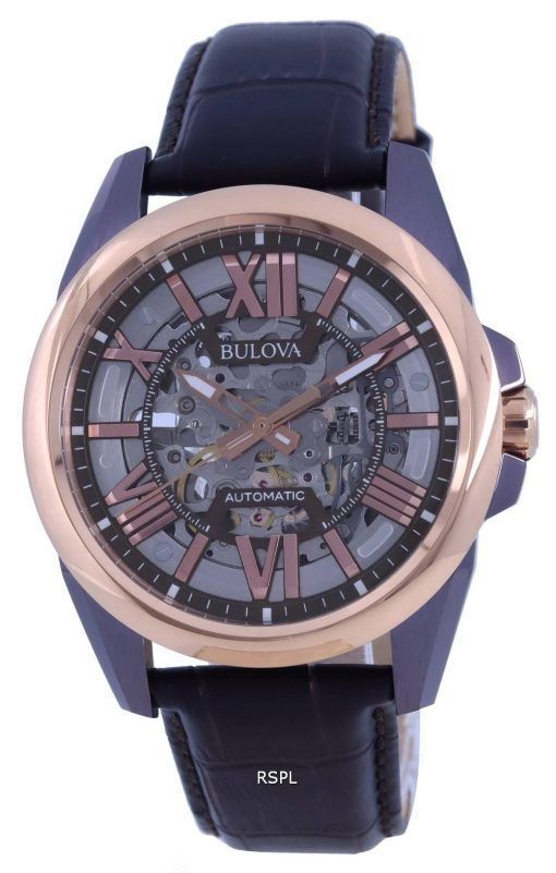 Bulova Classic Skeleton 은 다이얼 가죽 스트랩 오토매틱 98A165 100M 남성용 시계