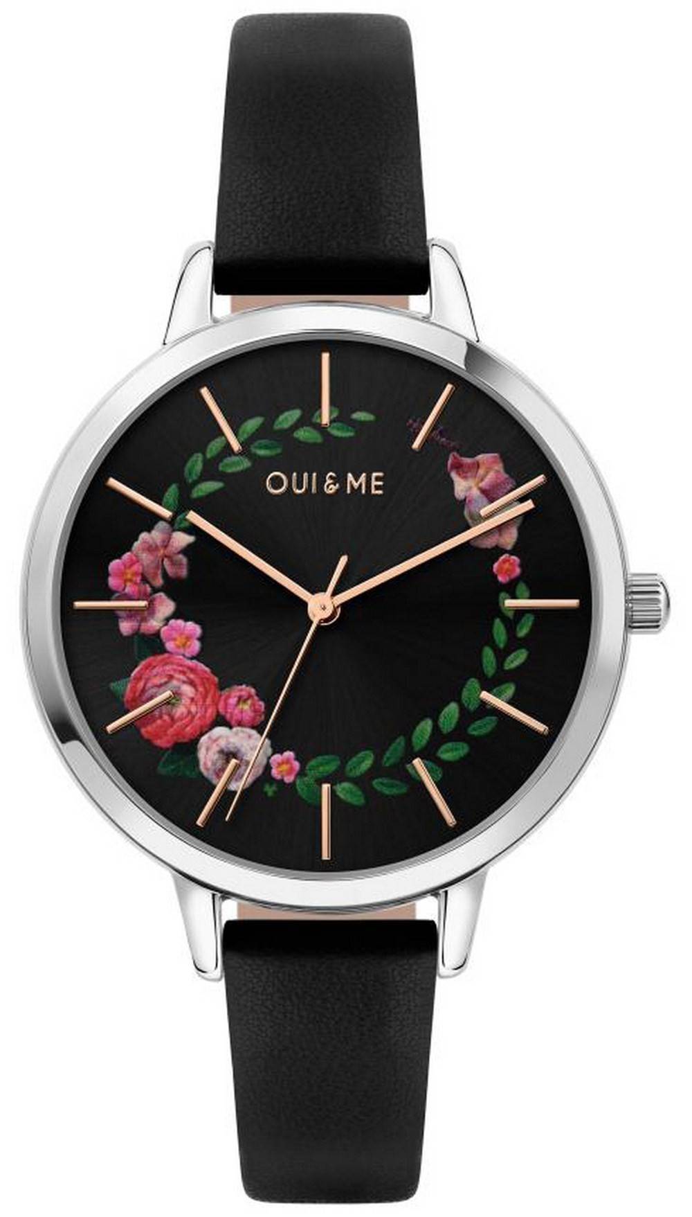 Oui &amp, Me Grande Fleurette Black 다이얼 가죽 스트랩 쿼츠 ME010033 여성용 시계