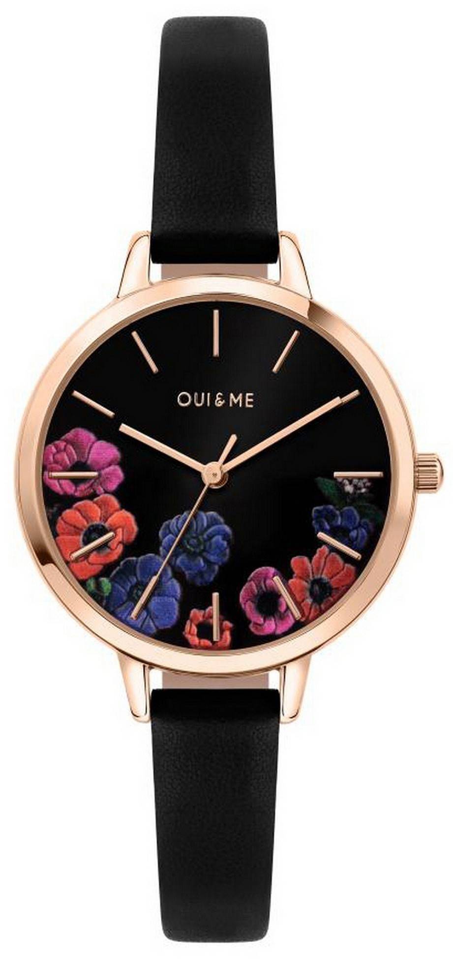 Oui &amp, Me Petite Fleurette Black 다이얼 가죽 스트랩 쿼츠 ME010059 여성용 시계