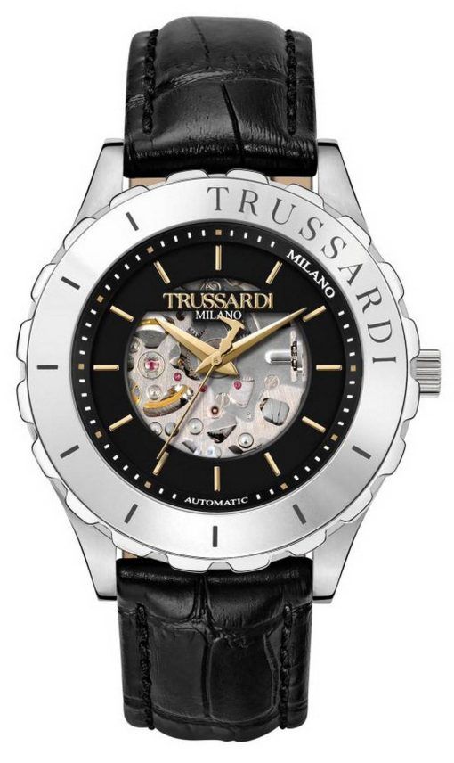 Trussardi T-Logo Semi Skeleton Black 다이얼 가죽 스트랩 오토매틱 R2421143002 남성용 시계