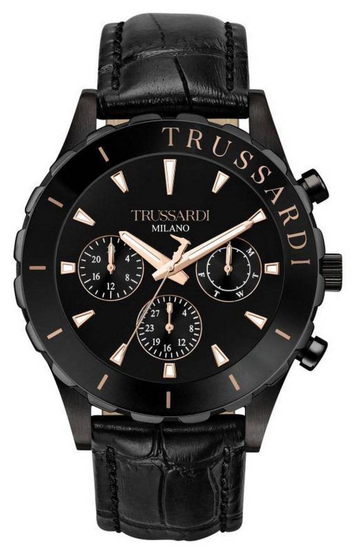 Trussardi T-로고 블랙 다이얼 가죽 스트랩 쿼츠 R2451143003 남성용 시계