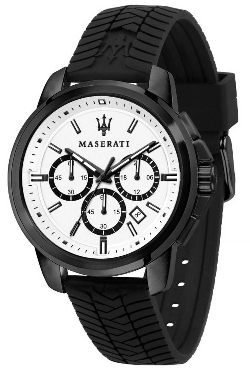 Maserati Successo 크로노그래프 화이트 다이얼 실리콘 스트랩 쿼츠 R8871621010 남성용 시계