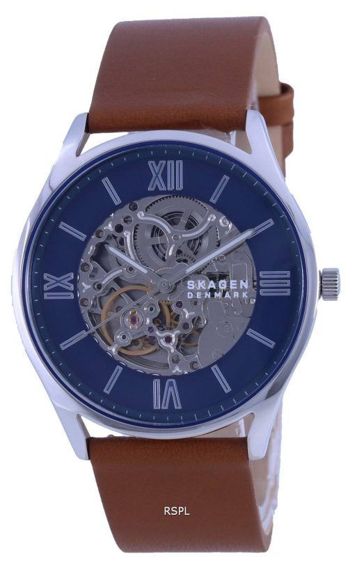 Skagen Holst Blue Skelton 다이얼 가죽 스트랩 오토매틱 SKW6736 남성용 시계