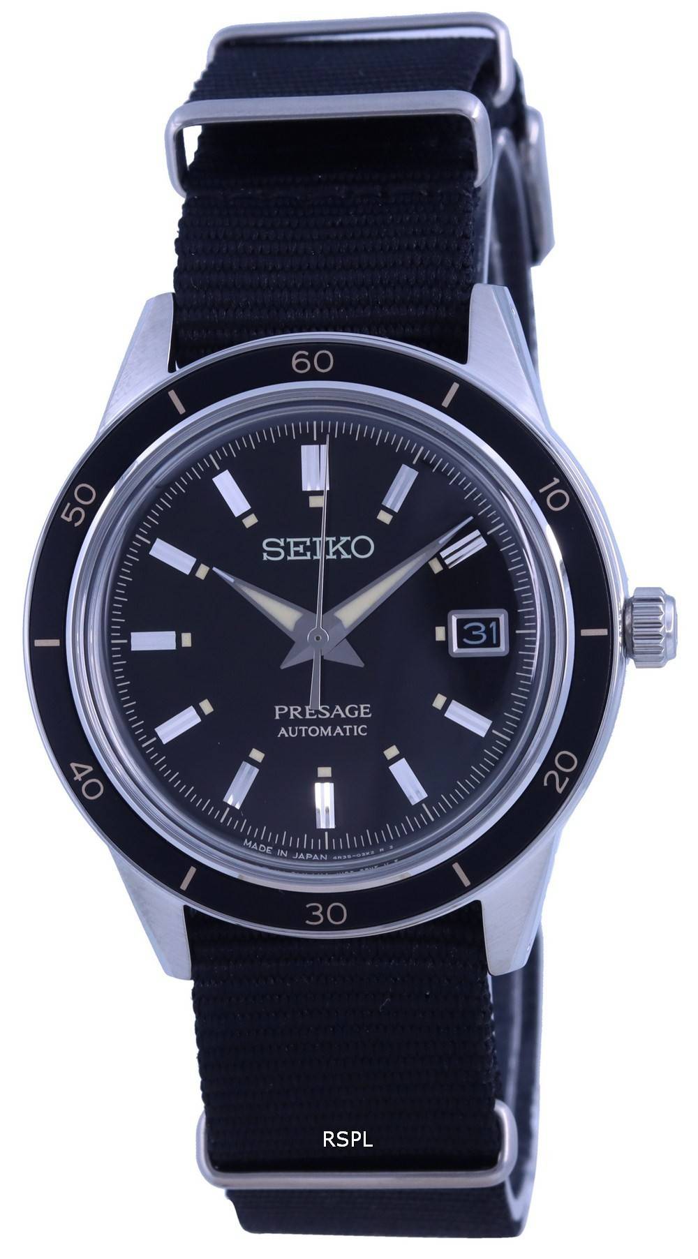 Seiko Presage Style 60&#39,s 검은색 다이얼 나일론 스트랩 오토매틱 SRPG09 SRPG09J1 SRPG09J 남성용 시계