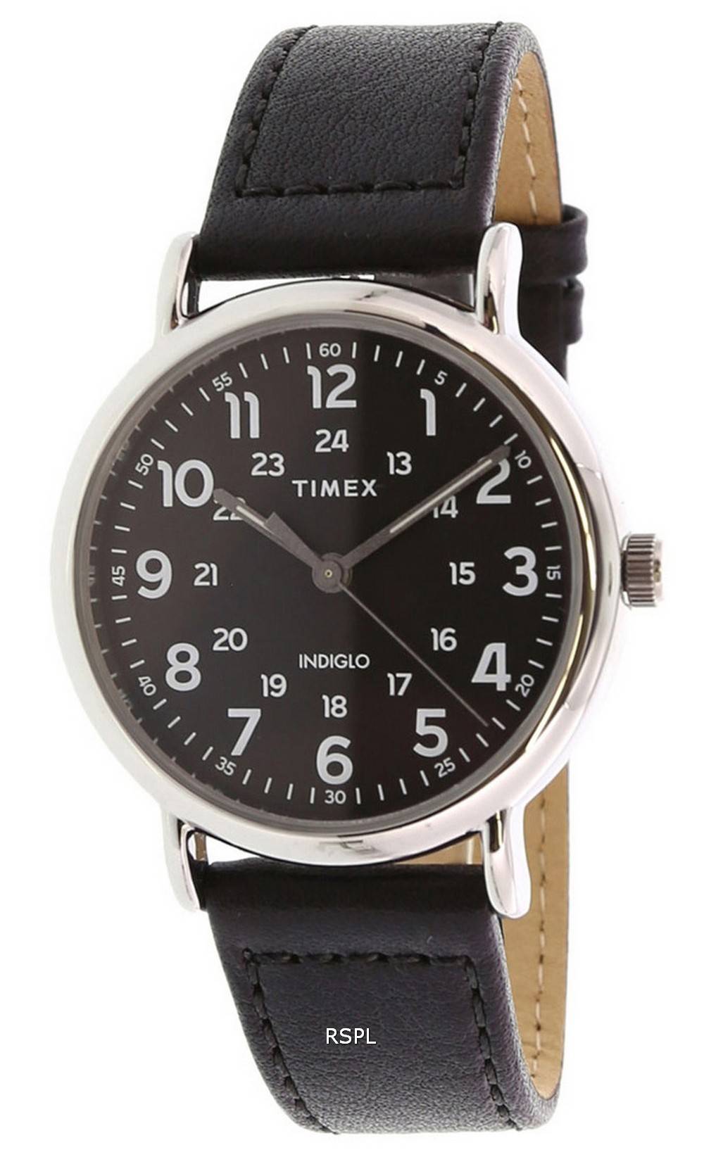 Timex Weekender 블랙 다이얼 가죽 스트랩 쿼츠 TW2T30700 남성용 시계
