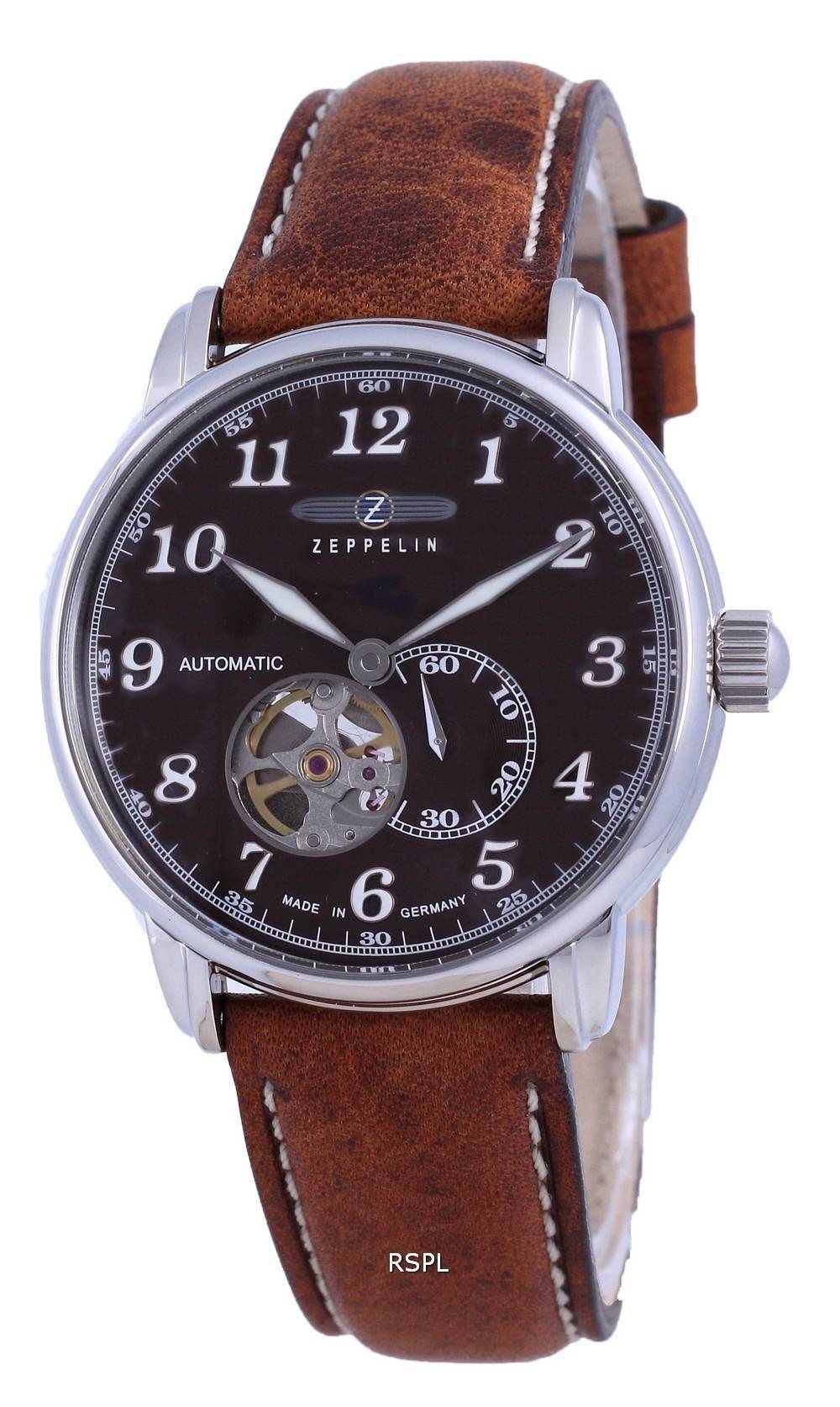 Zeppelin LZ127 Graf Open Heart Leather 오토매틱 7666-4 76664 남성용 시계
