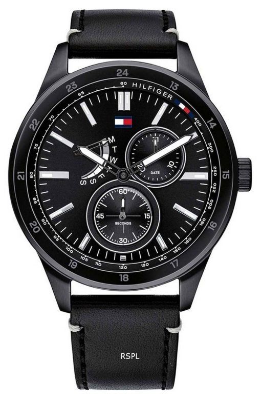 Tommy Hilfiger Austin Black 다이얼 가죽 스트랩 쿼츠 1791638 남성용 시계