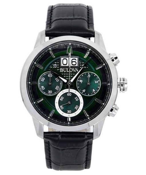 Bulova Sutton 클래식 크로노그래프 가죽 스트랩 그린 다이얼 쿼츠 96B310 남성용 시계