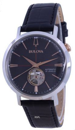Bulova 클래식 오픈 하트 그레이 다이얼 가죽 스트랩 오토매틱 98A187 남성용 시계