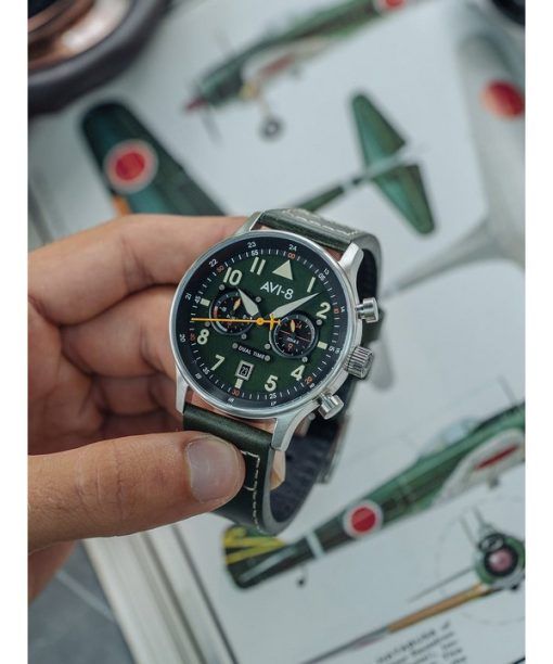 AVI-8 Hawker Hurricane Carey Dual Time Merville 그린 다이얼 쿼츠 AV-4088-02 남성용 시계