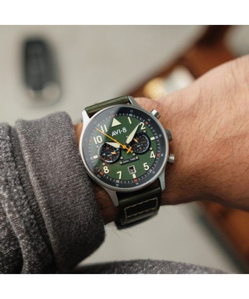 AVI-8 Hawker Hurricane Carey Dual Time Merville 그린 다이얼 쿼츠 AV-4088-02 남성용 시계