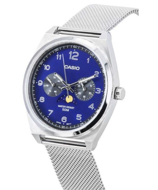 카시오 표준 아날로그 스테인레스 스틸 메쉬 팔찌 문 페이즈 블루 다이얼 쿼츠 MTP-M300M-2A 남성용 시계