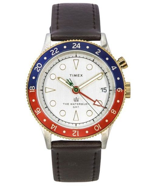 Timex Waterbury Traditional GMT 가죽 스트랩 화이트 다이얼 쿼츠 TW2U99100 100M 남성용 시계