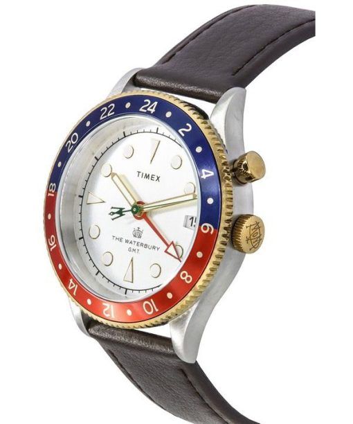 Timex Waterbury Traditional GMT 가죽 스트랩 화이트 다이얼 쿼츠 TW2U99100 100M 남성용 시계