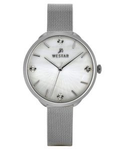 Westar Zing Crystal Accents 스테인레스 스틸 메쉬 화이트 마더 오브 펄 다이얼 쿼츠 00128STN11 여성용 시계