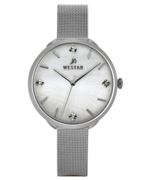 Westar Zing Crystal Accents 스테인레스 스틸 메쉬 화이트 마더 오브 펄 다이얼 쿼츠 00128STN11 여성용 시계