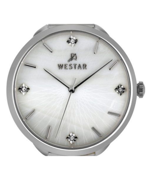 Westar Zing Crystal Accents 스테인레스 스틸 메쉬 화이트 마더 오브 펄 다이얼 쿼츠 00128STN11 여성용 시계