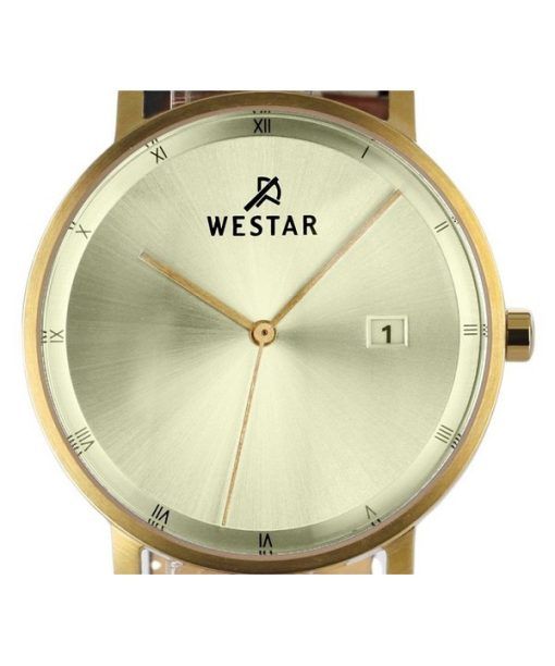 Westar Profile 블랙 가죽 스트랩 라이트 샴페인 다이얼 쿼츠 50221GPN102 남성용 시계