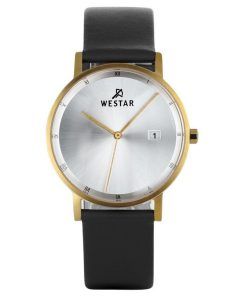 Westar Profile 블랙 가죽 스트랩 실버 다이얼 쿼츠 50221GPN107 남성용 시계