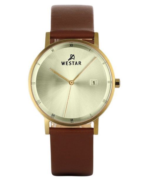 Westar Profile 가죽 스트랩 라이트 샴페인 다이얼 쿼츠 50221GPN122 남성용 시계