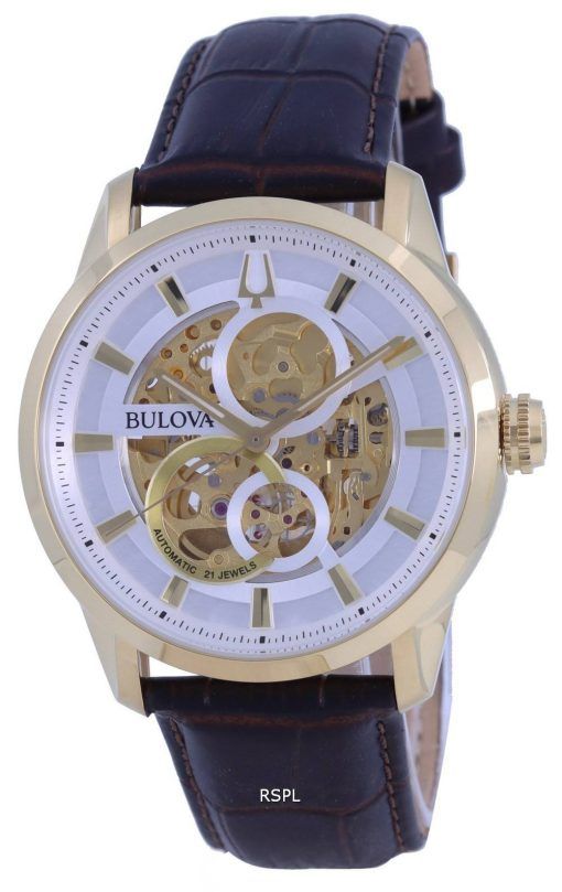 Bulova Classic Sutton Skeleton 화이트 다이얼 가죽 스트랩 오토매틱 97A138 남성용 시계