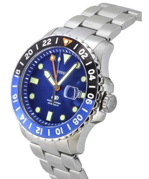 화석 블루 GMT 스테인레스 스틸 블루 다이얼 쿼츠 FS5991 100M 남성용 시계