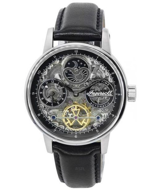 Ingersoll The Jazz Sun and Moon Phase 가죽 스트랩 스켈레톤 실버 다이얼 오토매틱 I07701 남성용 시계