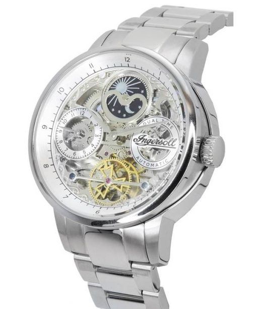 Ingersoll The Jazz Sun and Moon Phase 스테인레스 스틸 스켈레톤 실버 다이얼 오토매틱 I07703 남성용 시계