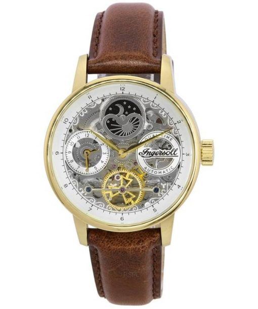 Ingersoll The Jazz Moon Phase 가죽 스트랩 스켈레톤 골드 다이얼 오토매틱 I07704 남성용 시계