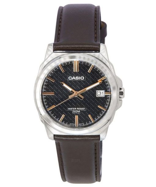 Casio 표준 아날로그 브라운 가죽 스트랩 블랙 다이얼 쿼츠 MTP-E720L-5A 남성용 시계