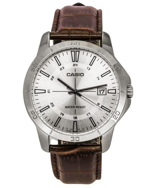 Casio 표준 아날로그 브라운 가죽 스트랩 실버 다이얼 쿼츠 MTP-V004L-7C 남성용 시계