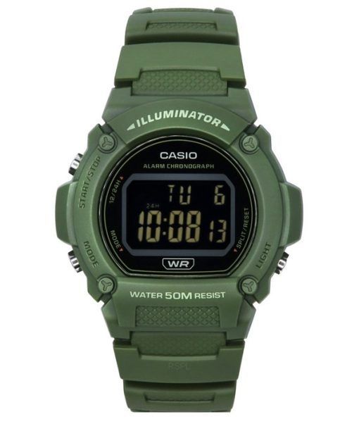 Casio 표준 일루미네이터 디지털 그린 레진 스트랩 쿼츠 W-219HC-3B 남성용 시계