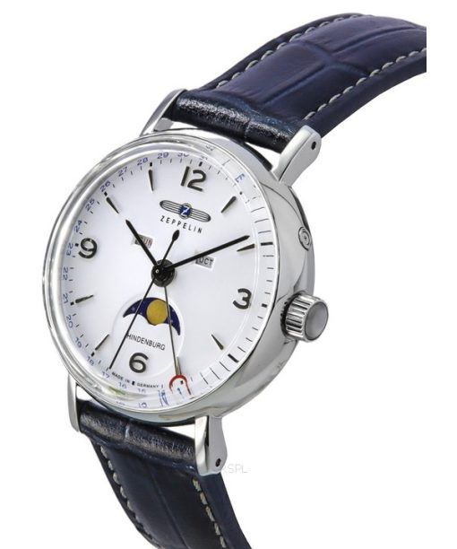 Zeppelin LZ129 Hindenburg Moon Phase Leather Strap 화이트 다이얼 쿼츠 80771 남성용 시계