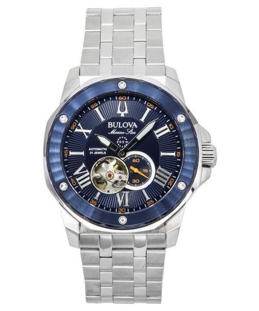 Bulova Marine Star 스테인레스 스틸 오픈 하트 블루 다이얼 오토매틱 21 Jewels 98A302 200M 남성용 시계