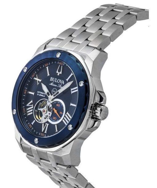 Bulova Marine Star 스테인레스 스틸 오픈 하트 블루 다이얼 오토매틱 21 Jewels 98A302 200M 남성용 시계