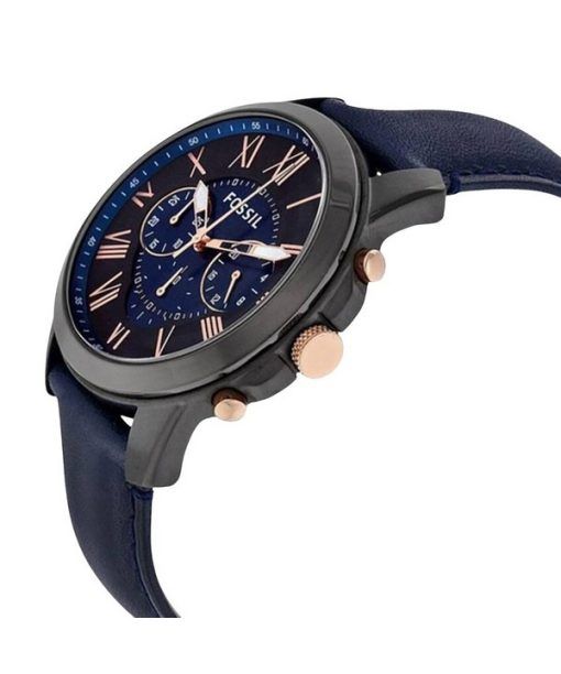화석 그랜트 크로 노 그래프 블랙 및 블루 다이얼 블루 가죽 FS5061 남자의 시계