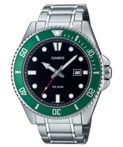 Casio 표준 아날로그 스테인레스 스틸 블랙 다이얼 쿼츠 MDV-107D-3 200M 남성용 시계
