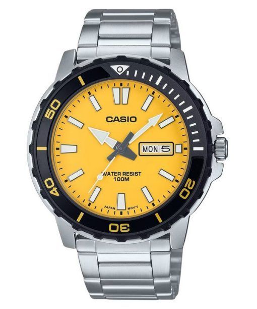 Casio 표준 아날로그 스테인레스 스틸 옐로우 다이얼 쿼츠 MTD-125D-9AV 100M 남성용 시계