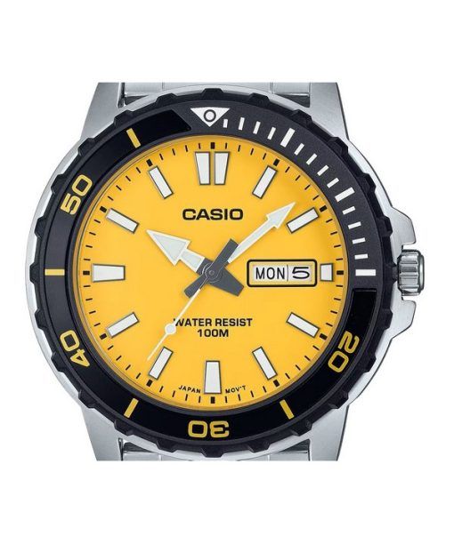 Casio 표준 아날로그 스테인레스 스틸 옐로우 다이얼 쿼츠 MTD-125D-9AV 100M 남성용 시계