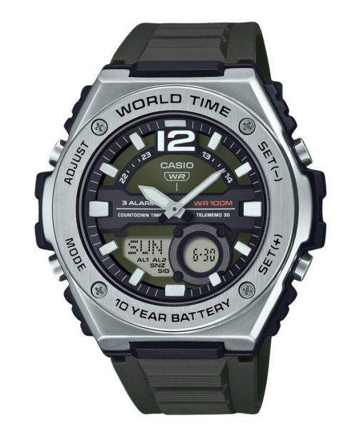 Casio 표준 아날로그 디지털 레진 스트랩 그린 다이얼 쿼츠 MWQ-100-3AV 100M 남성용 시계