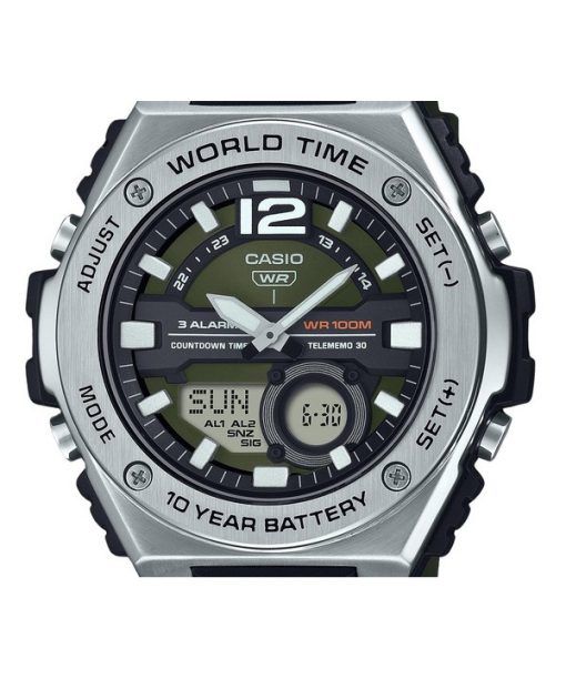 Casio 표준 아날로그 디지털 레진 스트랩 그린 다이얼 쿼츠 MWQ-100-3AV 100M 남성용 시계