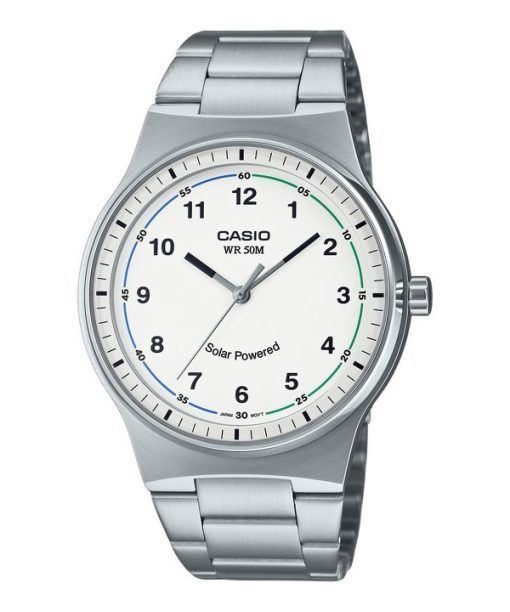 Casio 표준 아날로그 스테인레스 스틸 화이트 다이얼 Solar MTP-RS105D-7BV 남성용 시계